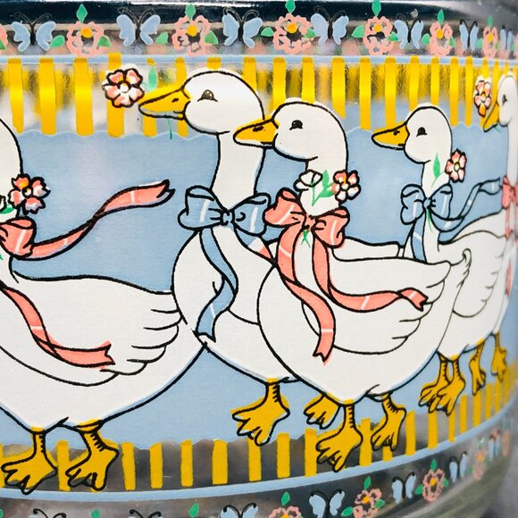 80s Country Mother Goose Ribbon Bow Glass Jar Blue Plastic Lid Vintage Canister - Picture 3 of 12